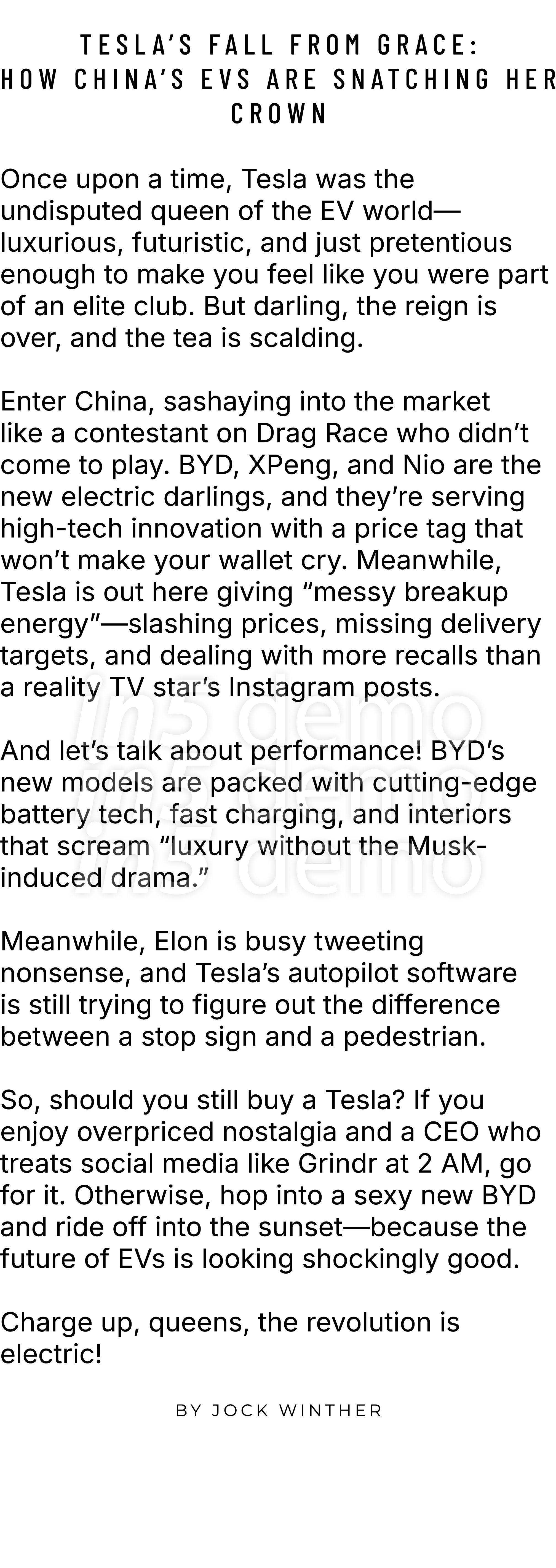  ﻿Tesla’s Fall From Grace: How China’s EVs Are Snatching Her Crown Once upon a time, Tesla was the undisputed queen o...